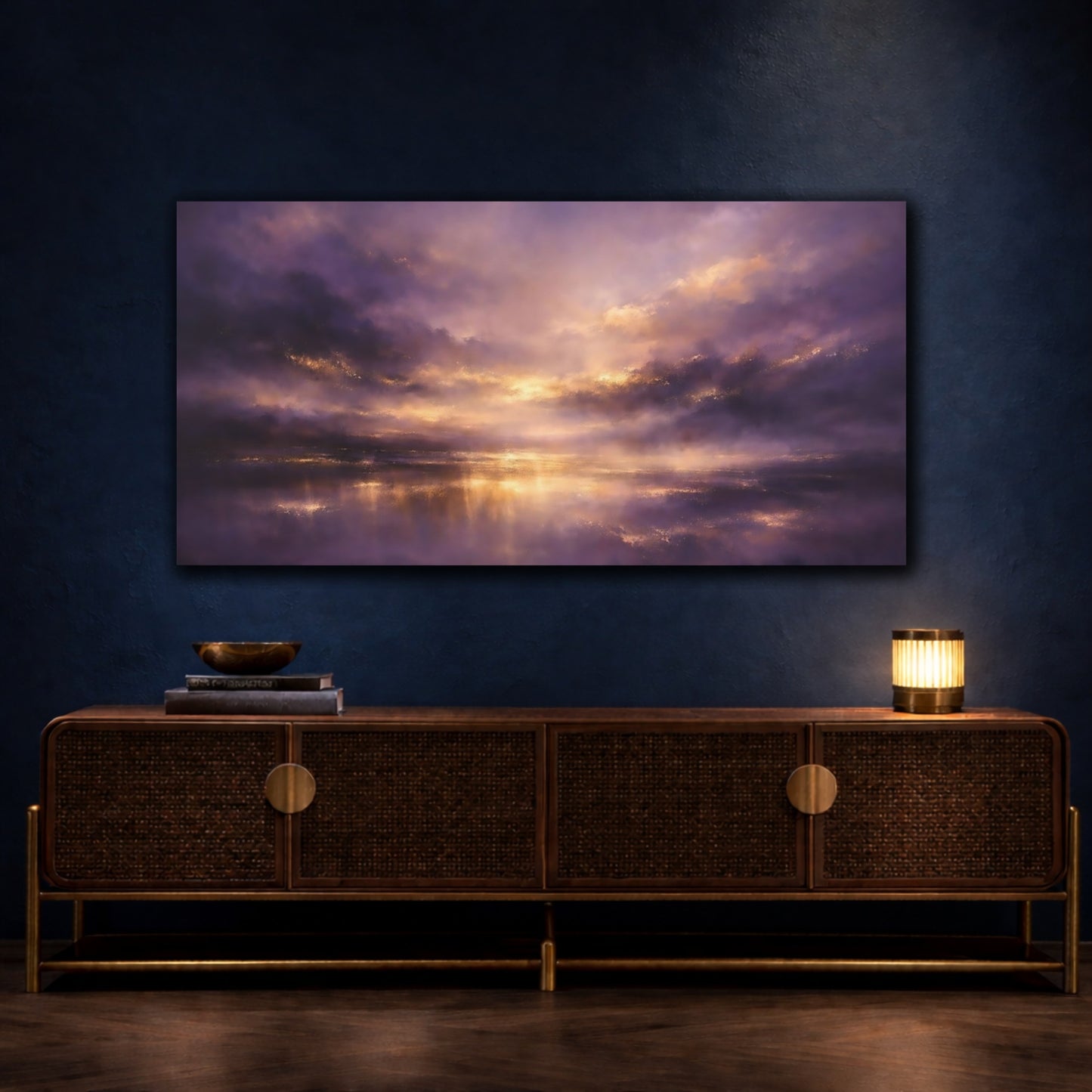 Mockup 4. Nature Dramatic Sky Purple And Gold shown as stretched canvas wall art