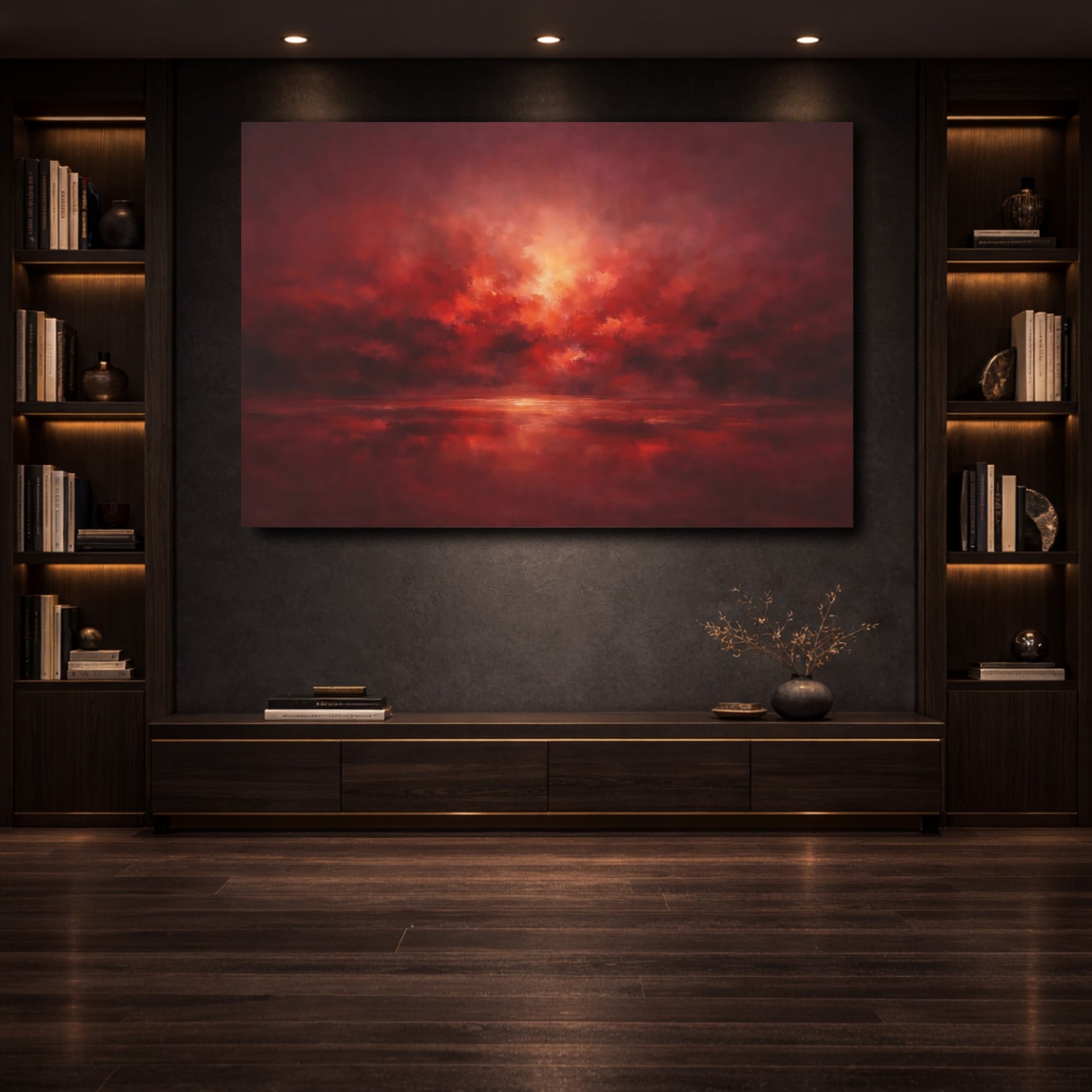 Mockup 3. Nature Dramatic Sky Red And Orange shown as stretched canvas wall art