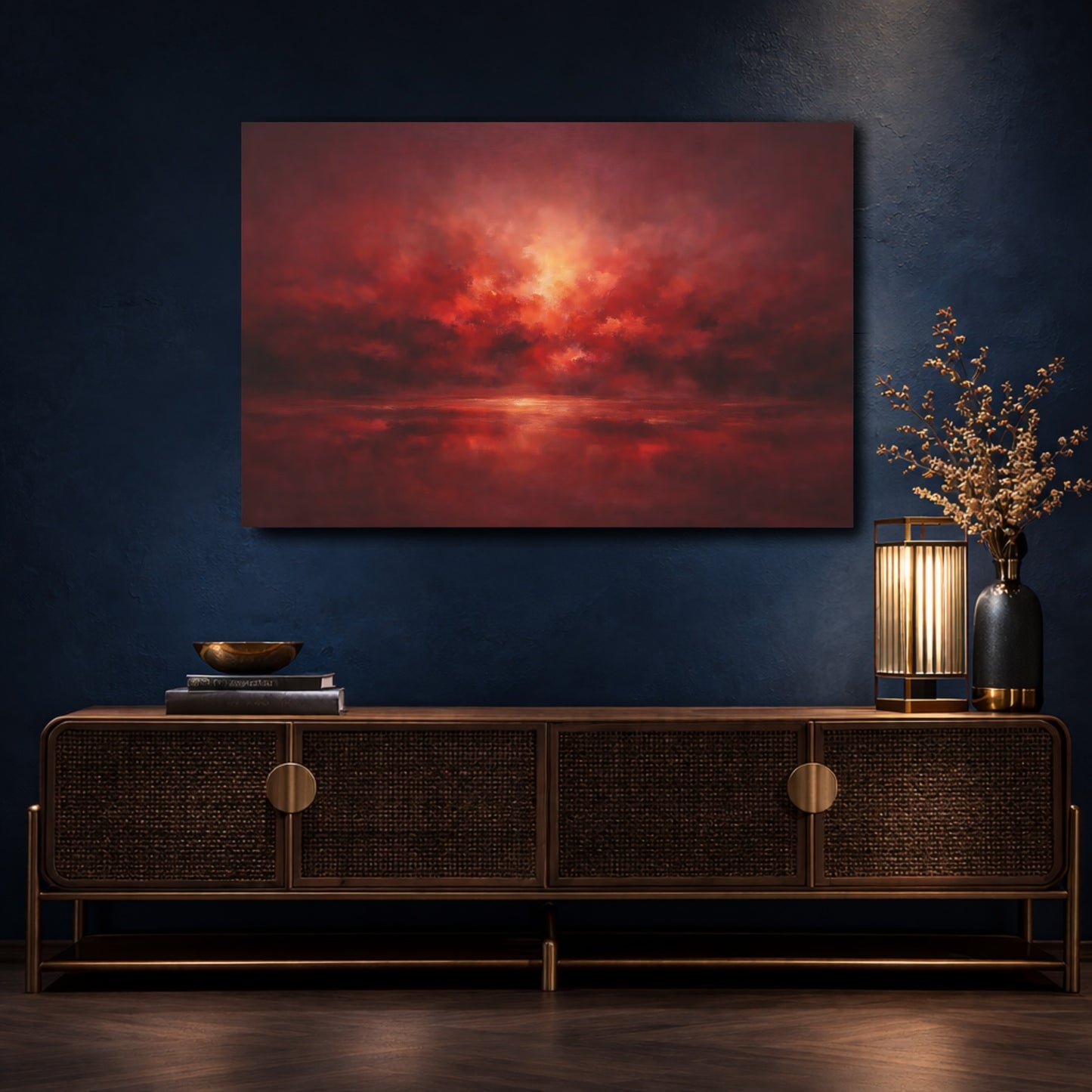 Mockup 4. Nature Dramatic Sky Red And Orange shown as stretched canvas wall art