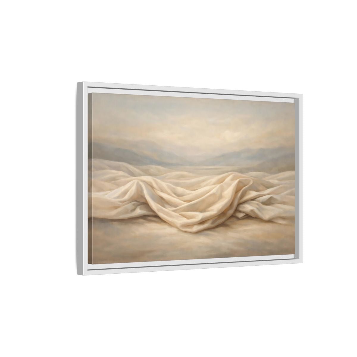 Side Mockup 1. Nature Draped Fabric Cream And Beige shown as stretched canvas wall art