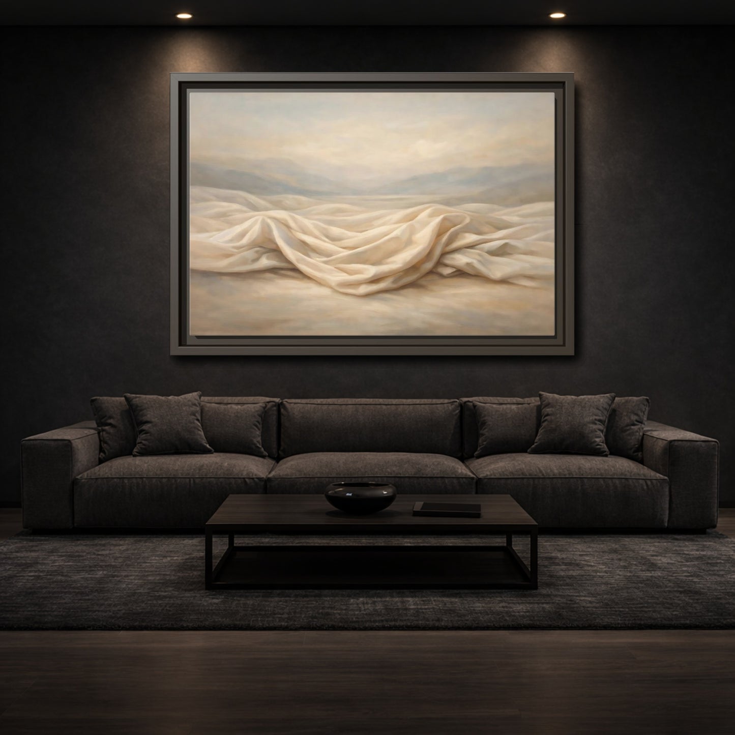 Mockup 2. Nature Draped Fabric Cream And Beige shown as stretched canvas wall art