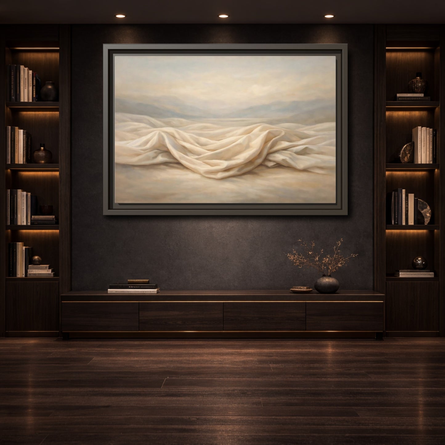 Mockup 3. Nature Draped Fabric Cream And Beige shown as stretched canvas wall art