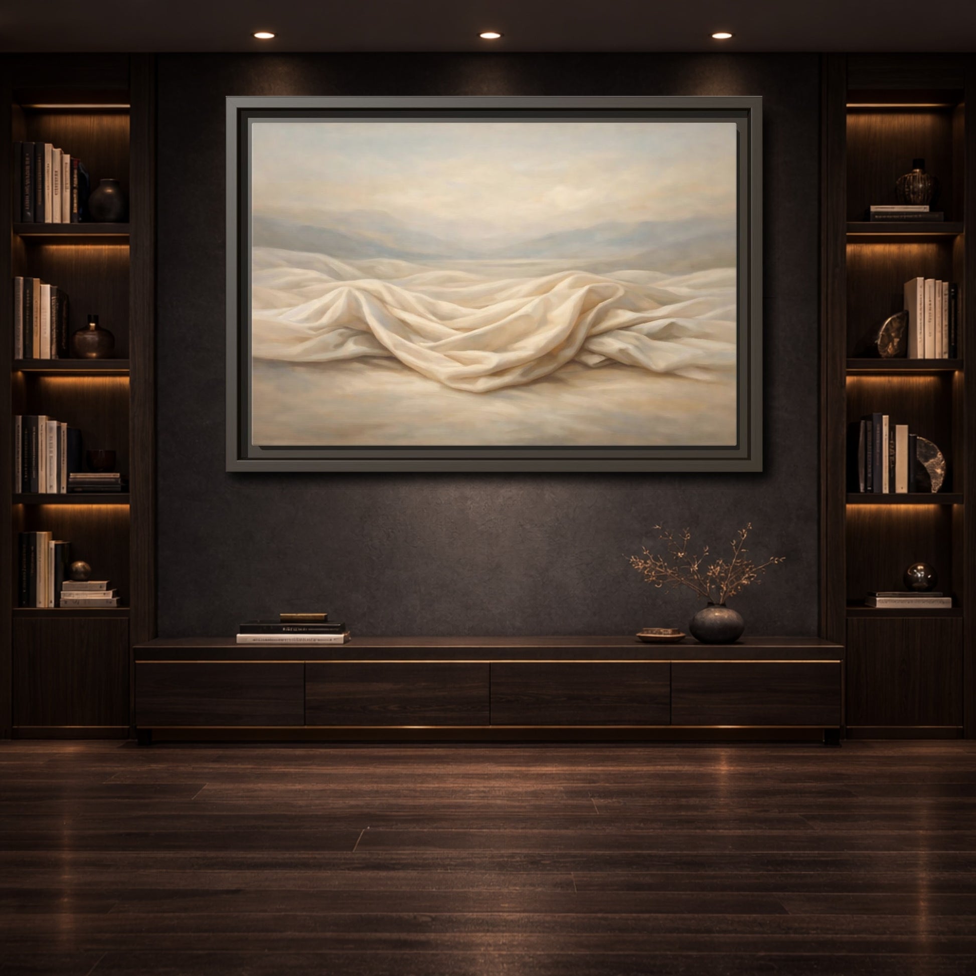 Mockup 3. Nature Draped Fabric Cream And Beige shown as stretched canvas wall art