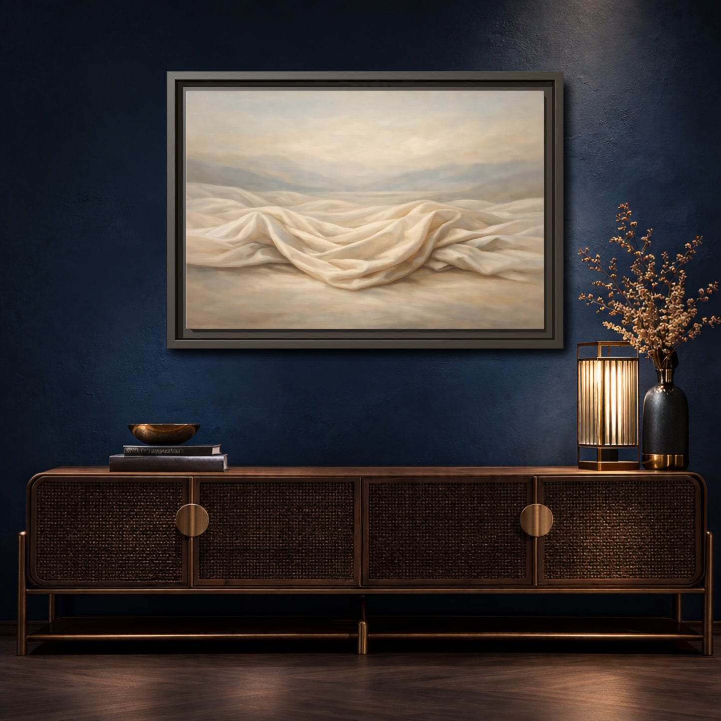 Mockup 4. Nature Draped Fabric Cream And Beige shown as stretched canvas wall art