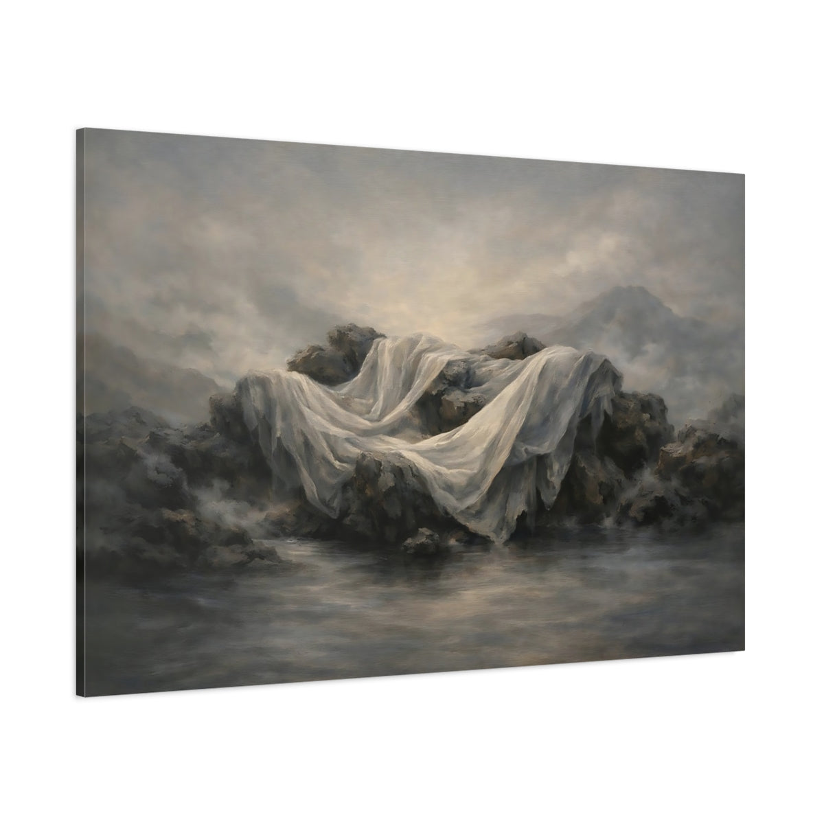 Main Mockup. Nature Draped Fabric Misty Grey Landscape shown as stretched canvas wall art