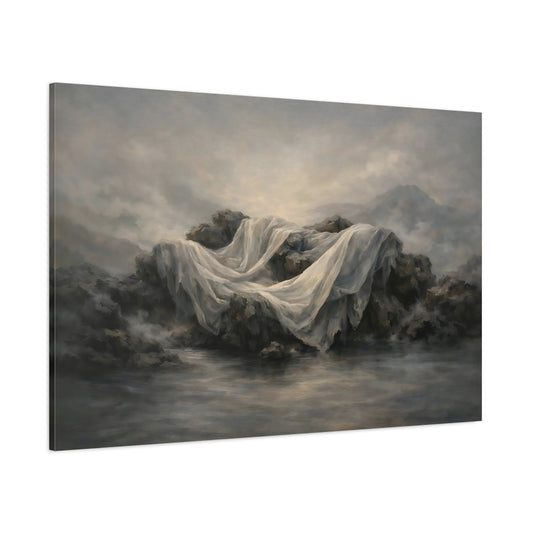 Main Mockup. Nature Draped Fabric Misty Grey Landscape shown as stretched canvas wall art