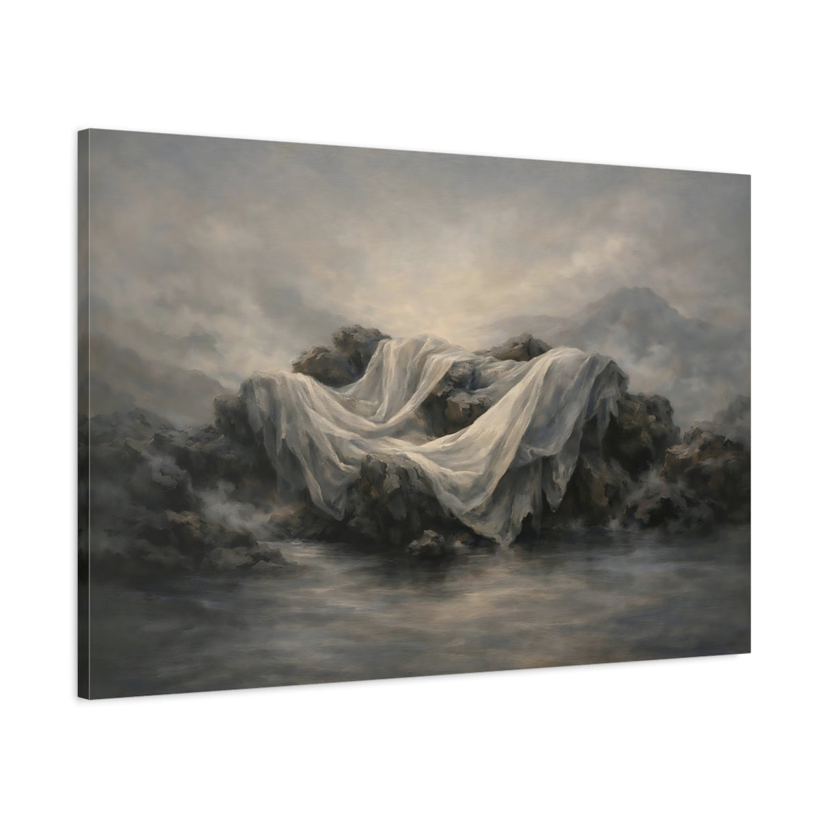 Side Mockup 1. Nature Draped Fabric Misty Grey Landscape shown as stretched canvas wall art