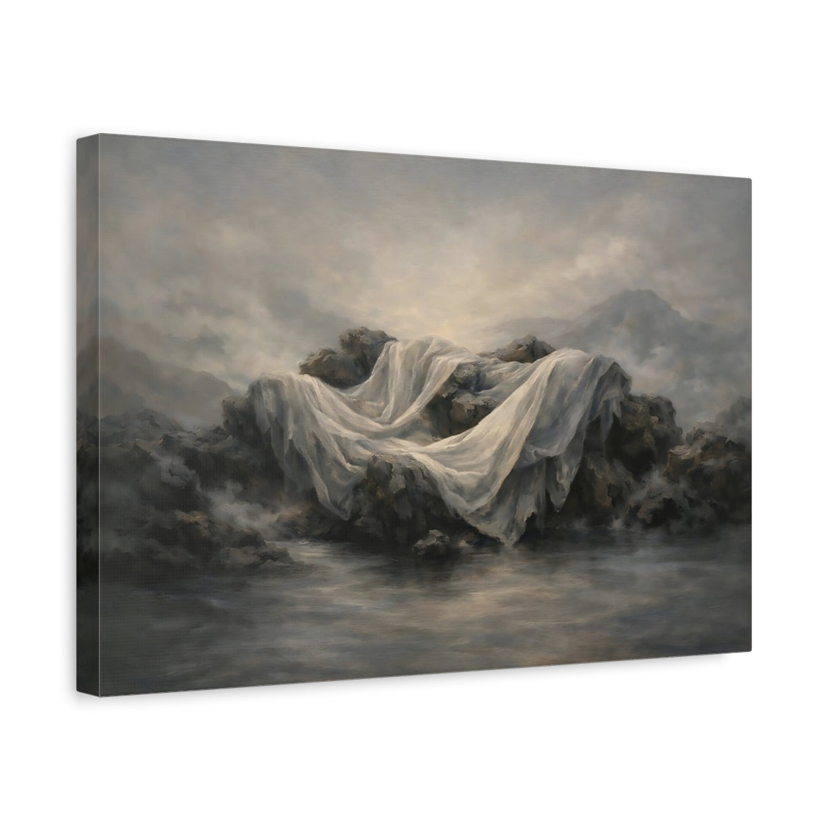 Side Mockup 4. Nature Draped Fabric Misty Grey Landscape shown as stretched canvas wall art