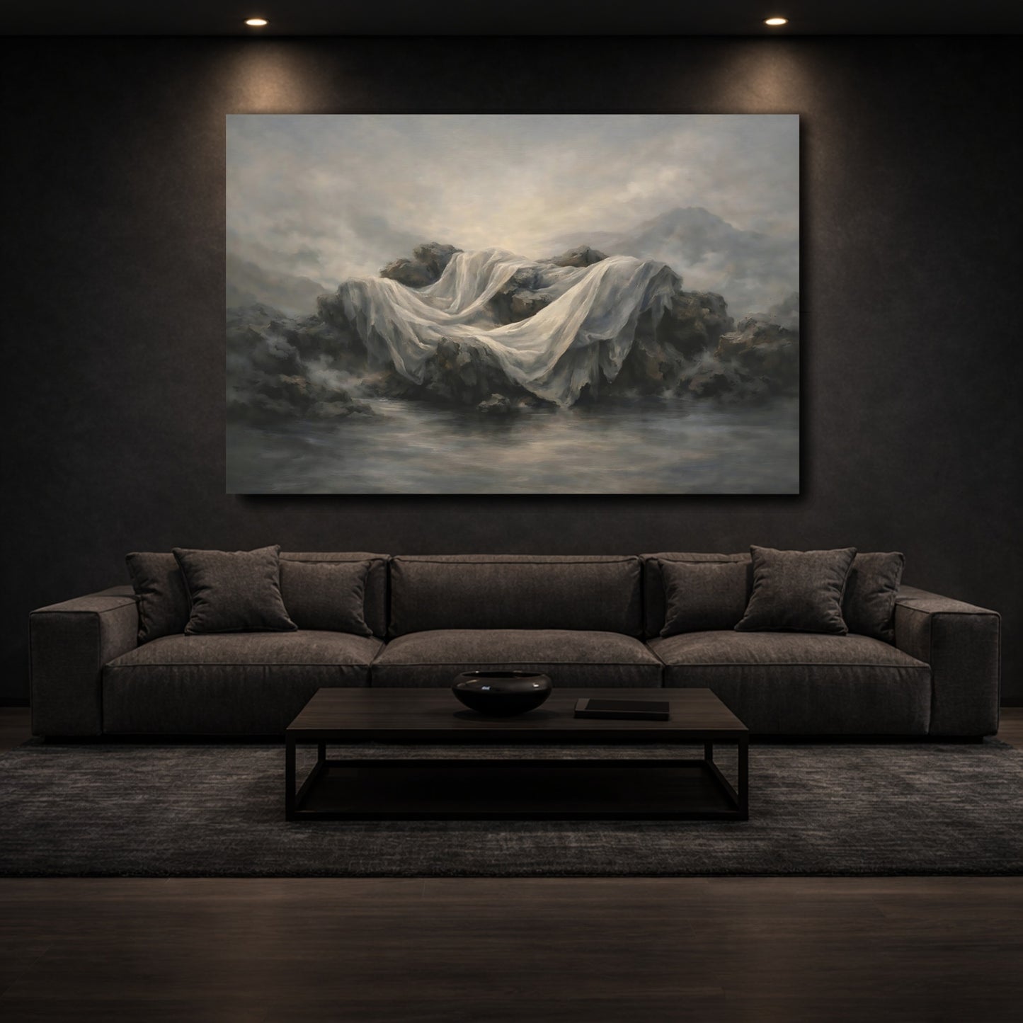 Mockup 2. Nature Draped Fabric Misty Grey Landscape shown as stretched canvas wall art