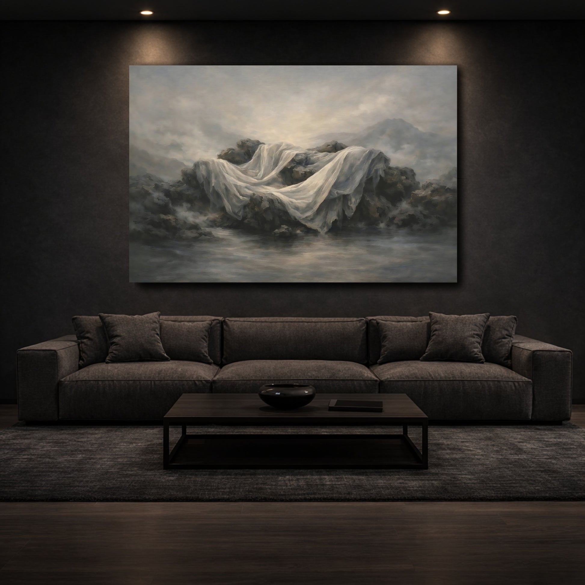 Mockup 2. Nature Draped Fabric Misty Grey Landscape shown as stretched canvas wall art