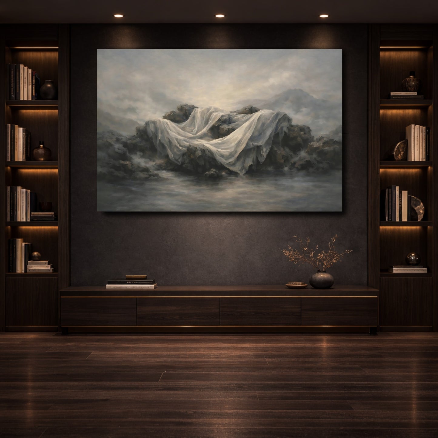 Mockup 3. Nature Draped Fabric Misty Grey Landscape shown as stretched canvas wall art