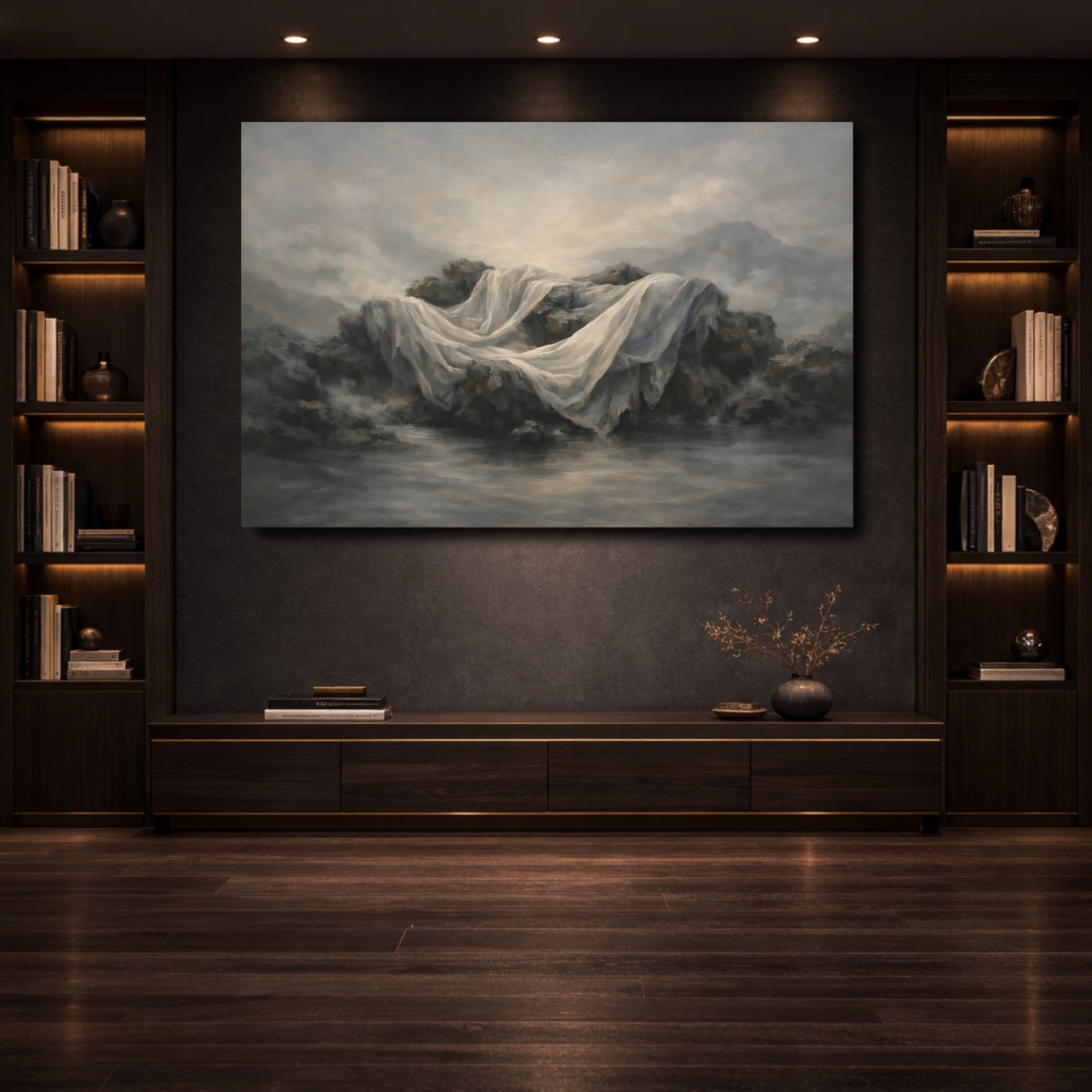 Mockup 3. Nature Draped Fabric Misty Grey Landscape shown as stretched canvas wall art