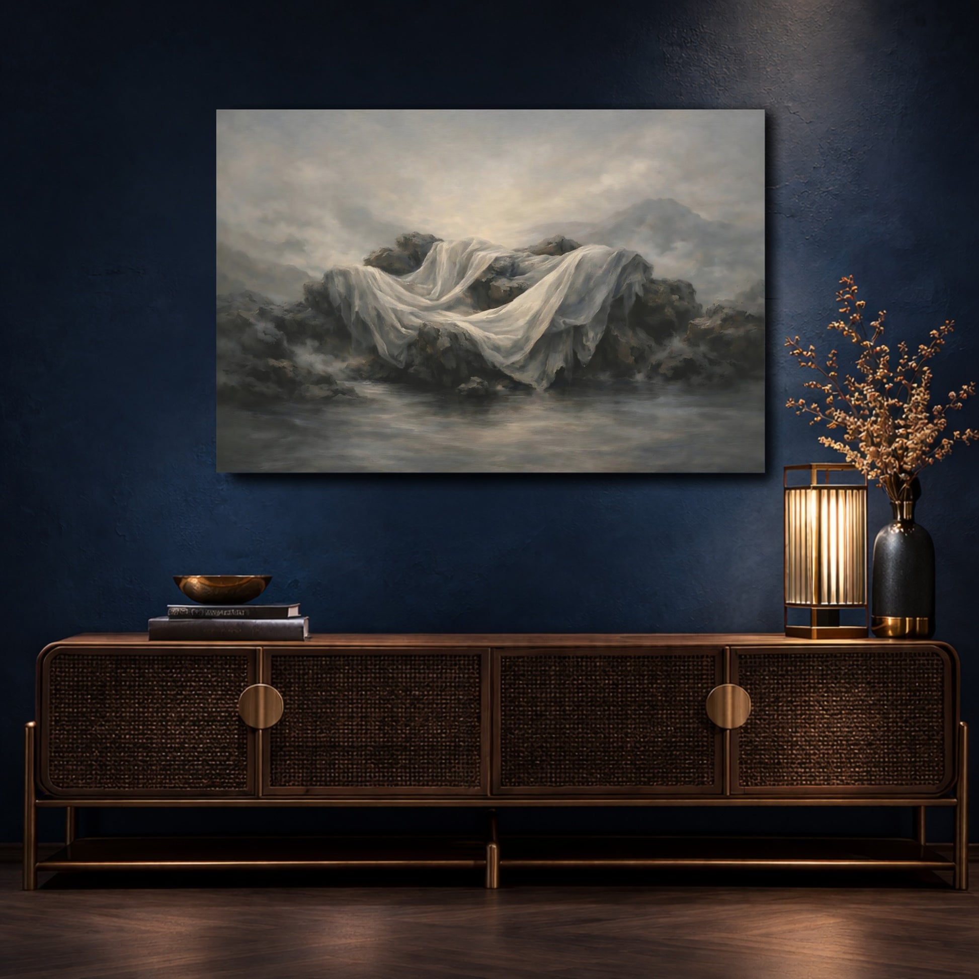 Mockup 4. Nature Draped Fabric Misty Grey Landscape shown as stretched canvas wall art