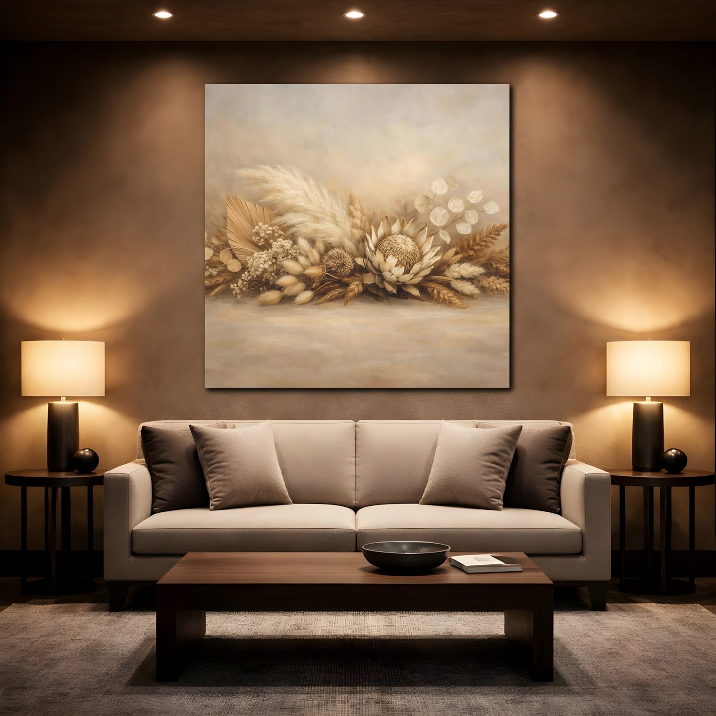 Mockup 2. Nature Dried Botanicals Beige Dried Botanicals shown as stretched canvas wall art