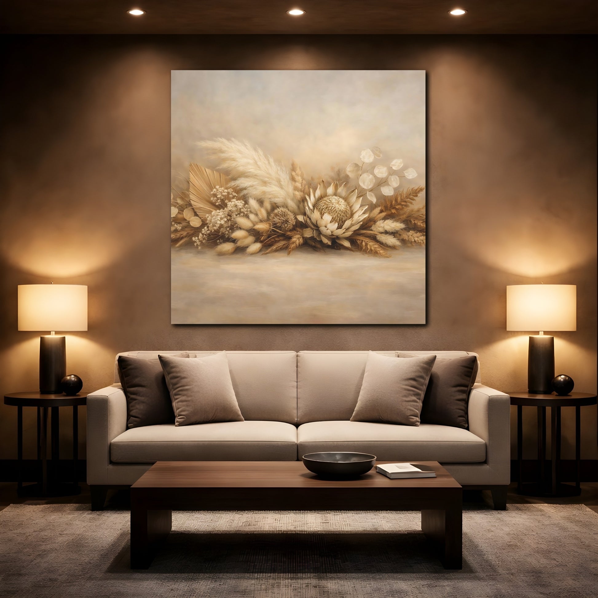 Mockup 2. Nature Dried Botanicals Beige Dried Botanicals shown as stretched canvas wall art