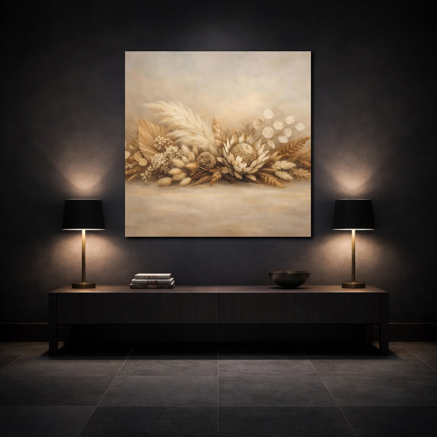 Mockup 3. Nature Dried Botanicals Beige Dried Botanicals shown as stretched canvas wall art