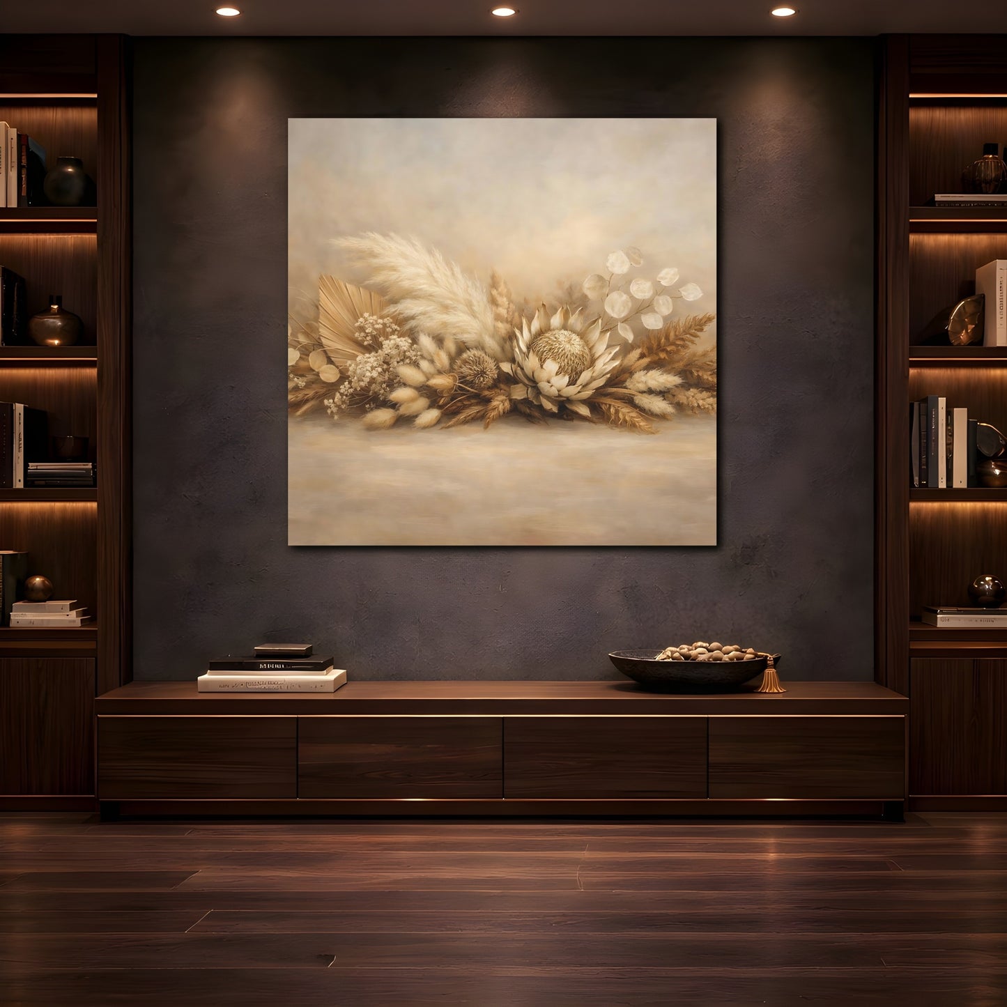 Mockup 4. Nature Dried Botanicals Beige Dried Botanicals shown as stretched canvas wall art