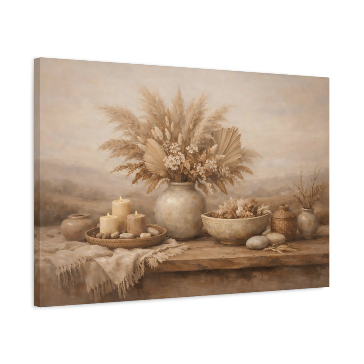 Side Mockup 2. Nature Dried Botanicals Brown And Beige shown as stretched canvas wall art