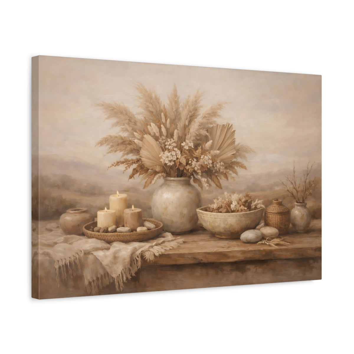 Side Mockup 3. Nature Dried Botanicals Brown And Beige shown as stretched canvas wall art