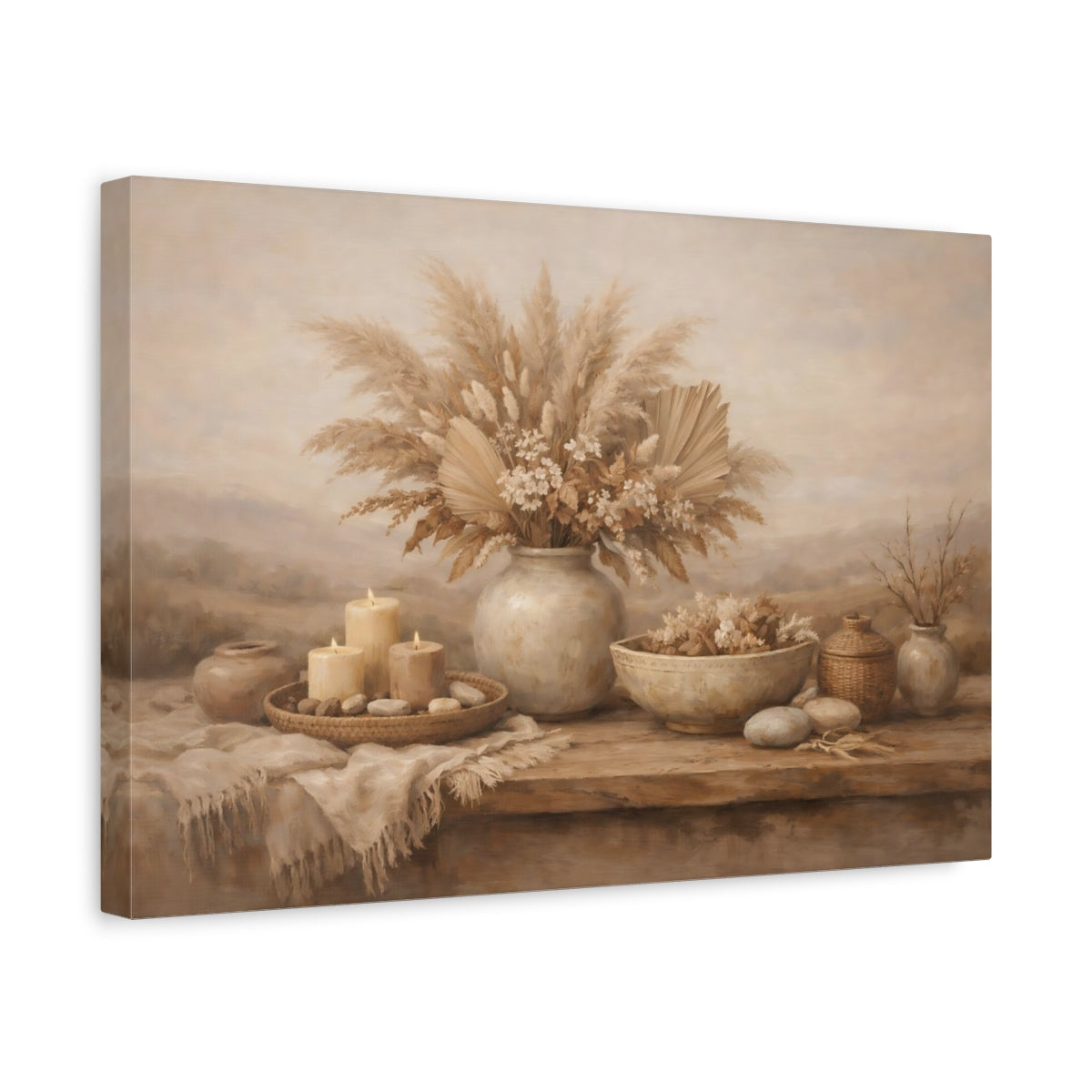 Side Mockup 4. Nature Dried Botanicals Brown And Beige shown as stretched canvas wall art