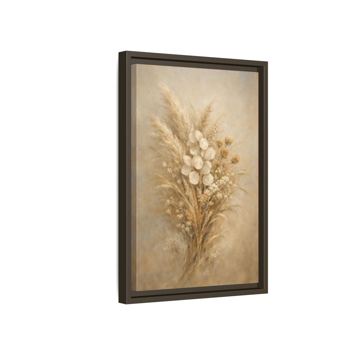 Side Mockup 5. Nature Dried Botanicals Brown And Beige shown as stretched canvas wall art