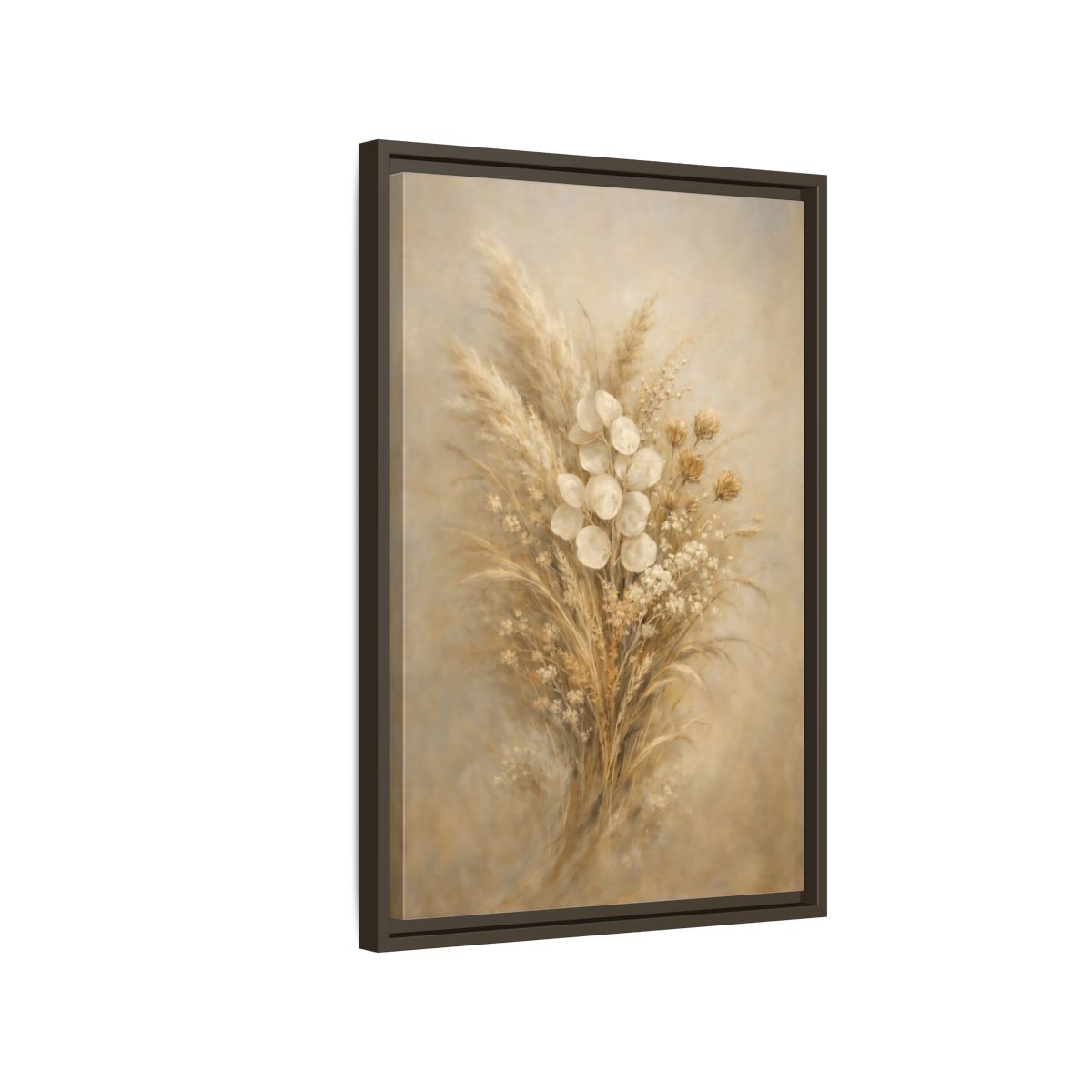 Side Mockup 2. Nature Dried Botanicals Brown And Beige shown as stretched canvas wall art