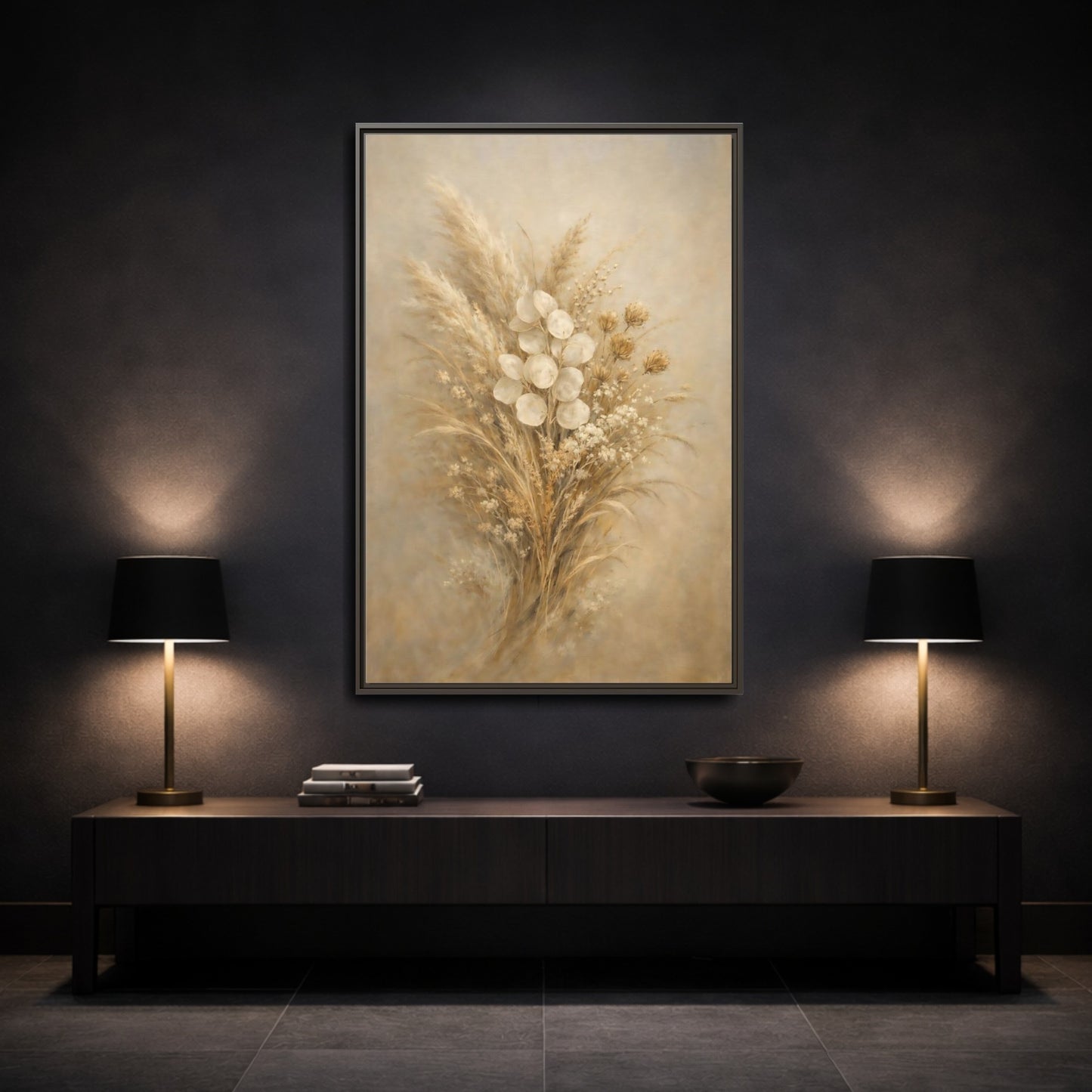 Mockup 2. Nature Dried Botanicals Brown And Beige shown as stretched canvas wall art