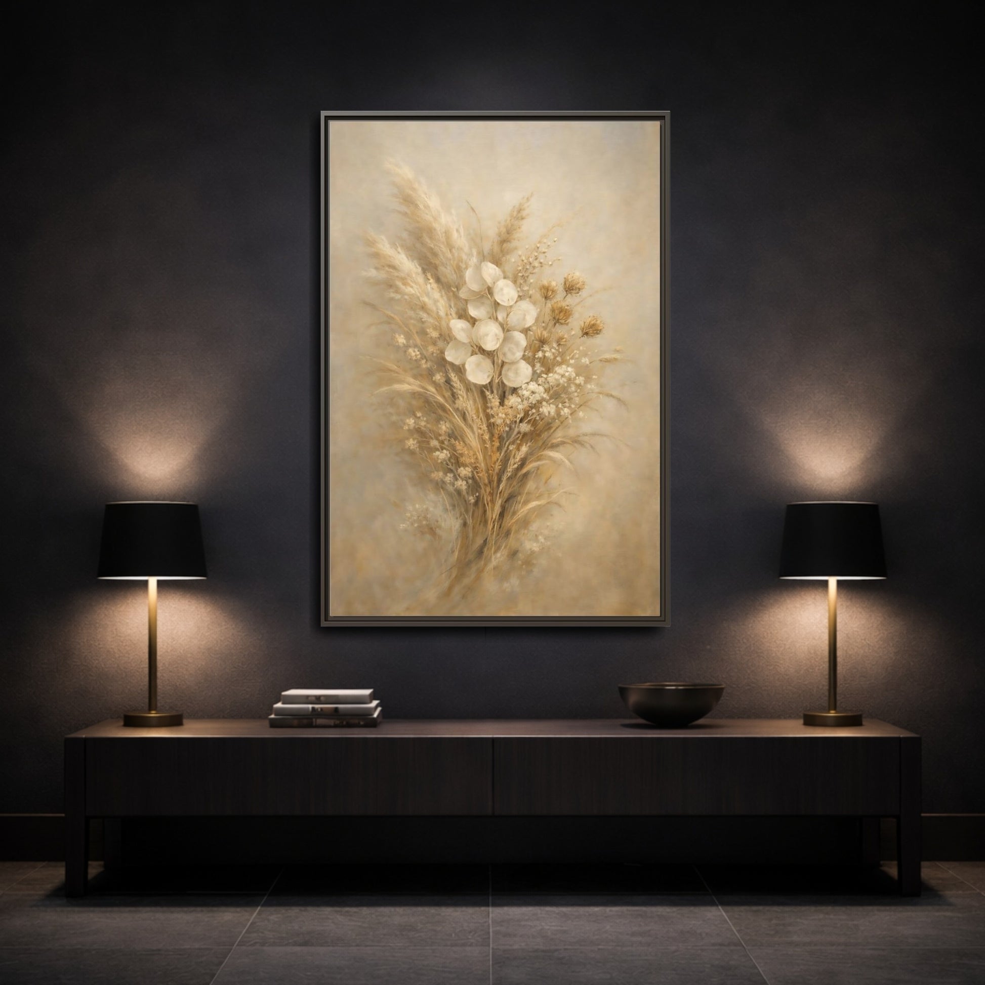 Mockup 2. Nature Dried Botanicals Brown And Beige shown as stretched canvas wall art