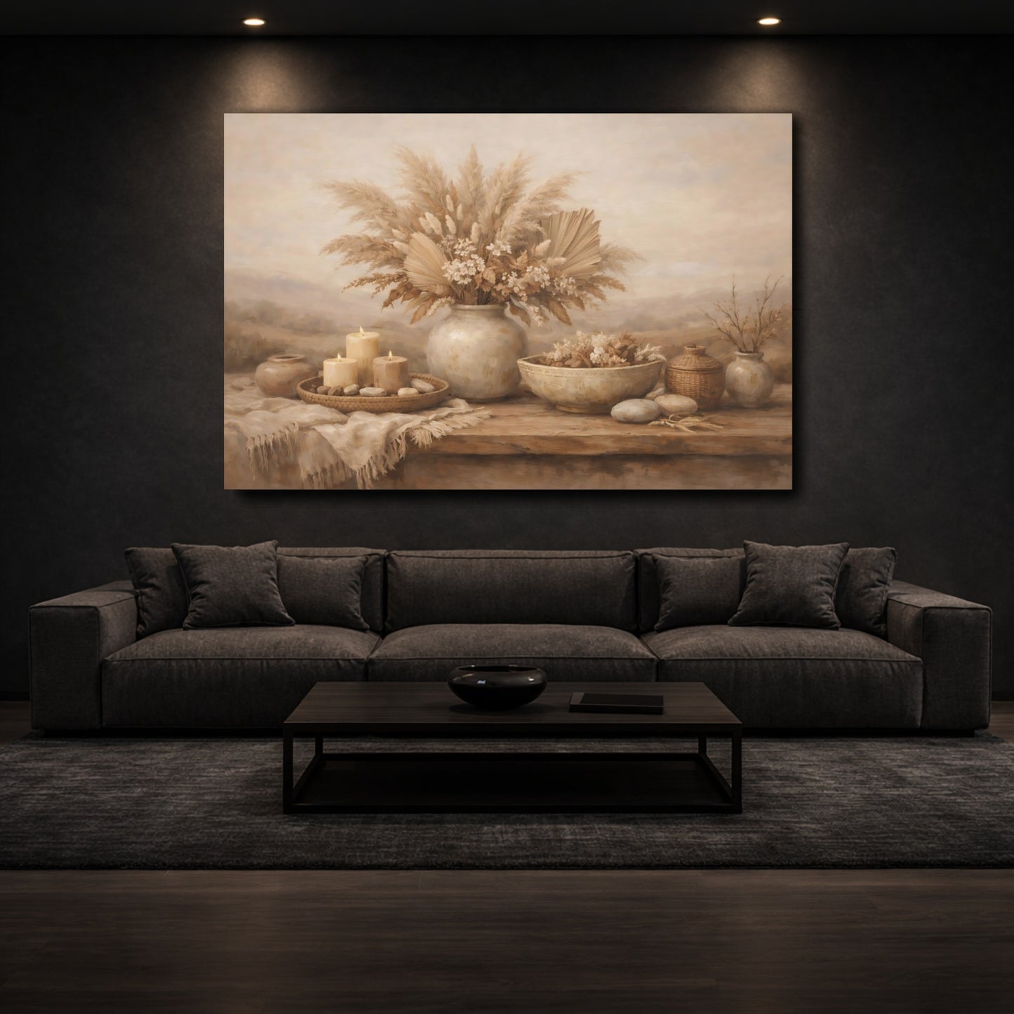 Mockup 2. Nature Dried Botanicals Brown And Beige shown as stretched canvas wall art