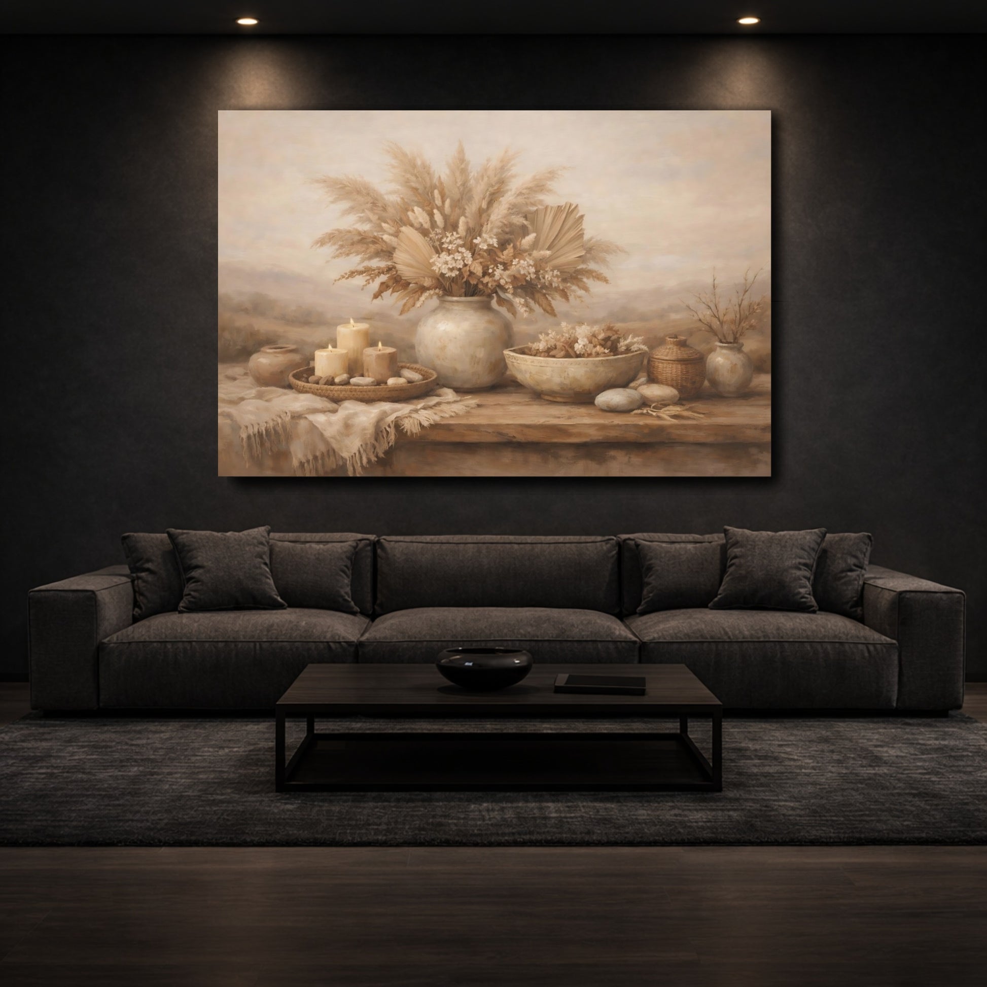 Mockup 2. Nature Dried Botanicals Brown And Beige shown as stretched canvas wall art