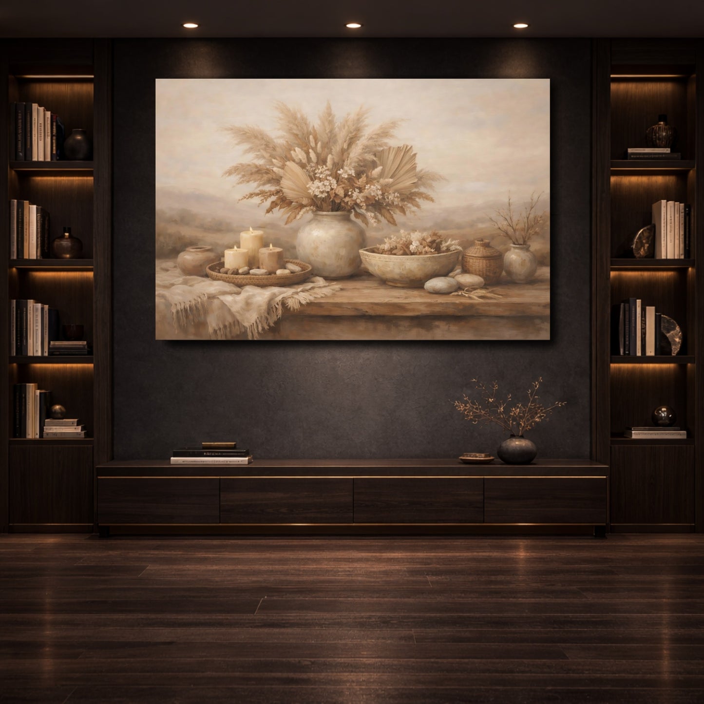 Mockup 3. Nature Dried Botanicals Brown And Beige shown as stretched canvas wall art