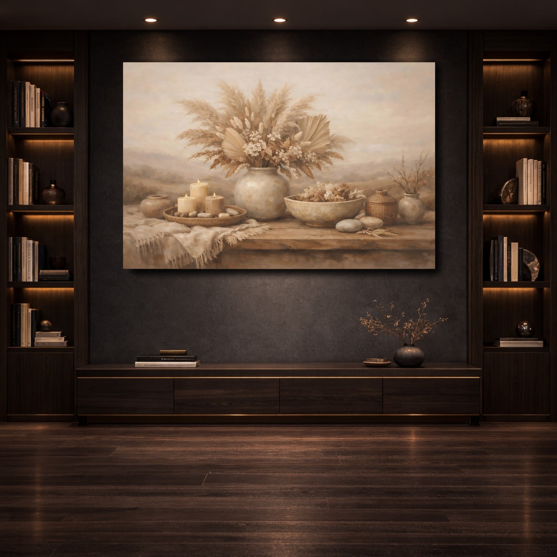 Mockup 3. Nature Dried Botanicals Brown And Beige shown as stretched canvas wall art