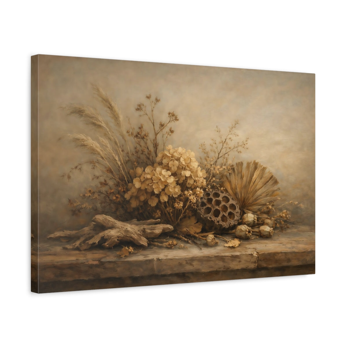 Side Mockup 3. Nature Dried Botanicals Brown Beige shown as stretched canvas wall art