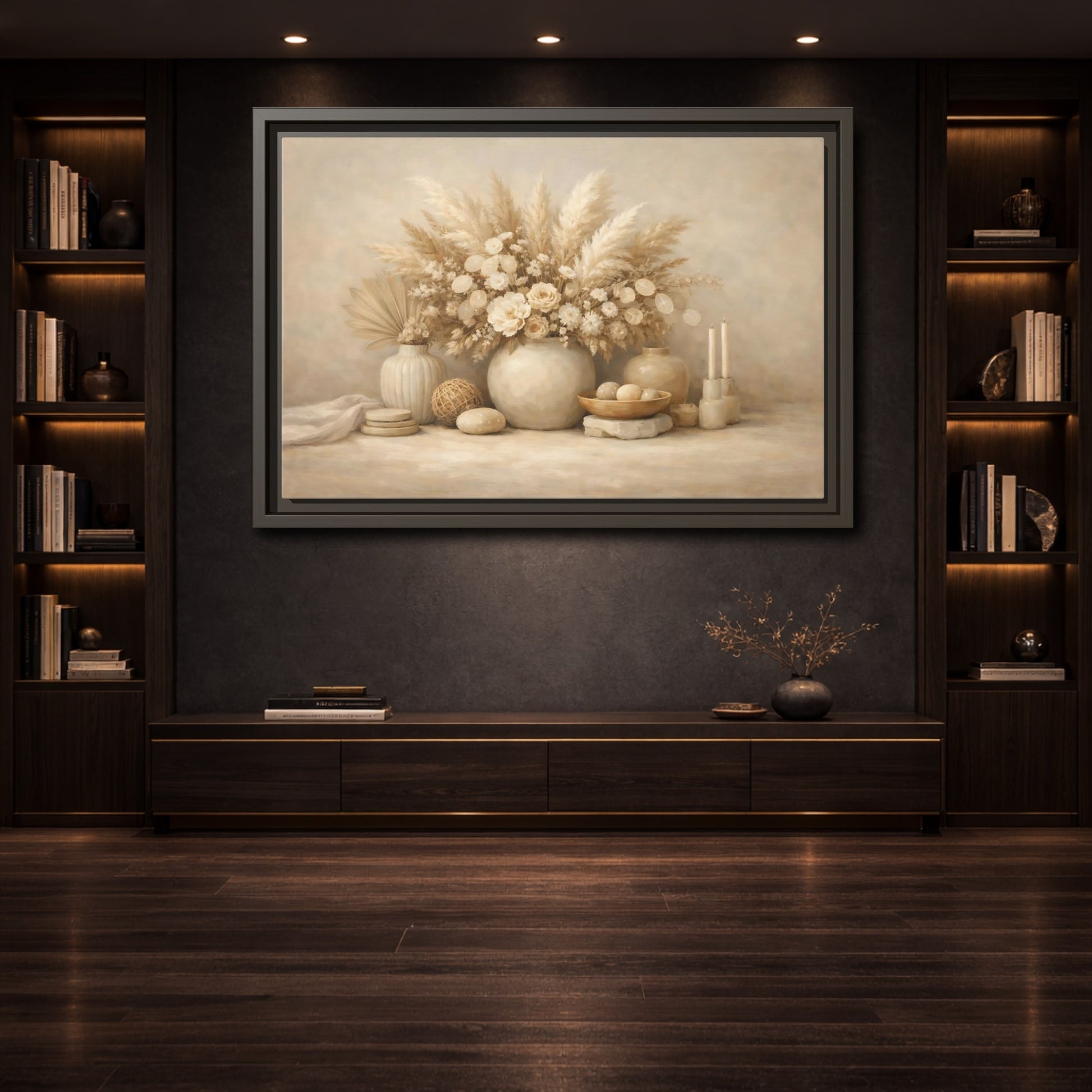 Mockup 3. Nature Dried Botanicals Neutral Dried Botanicals shown as stretched canvas wall art