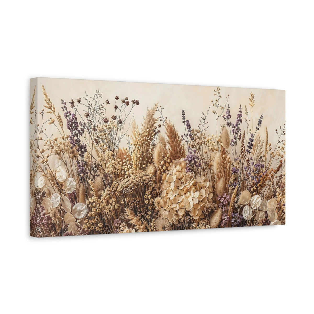 Side Mockup 3. Nature Dried Flowers Dried Flowers Beige shown as stretched canvas wall art