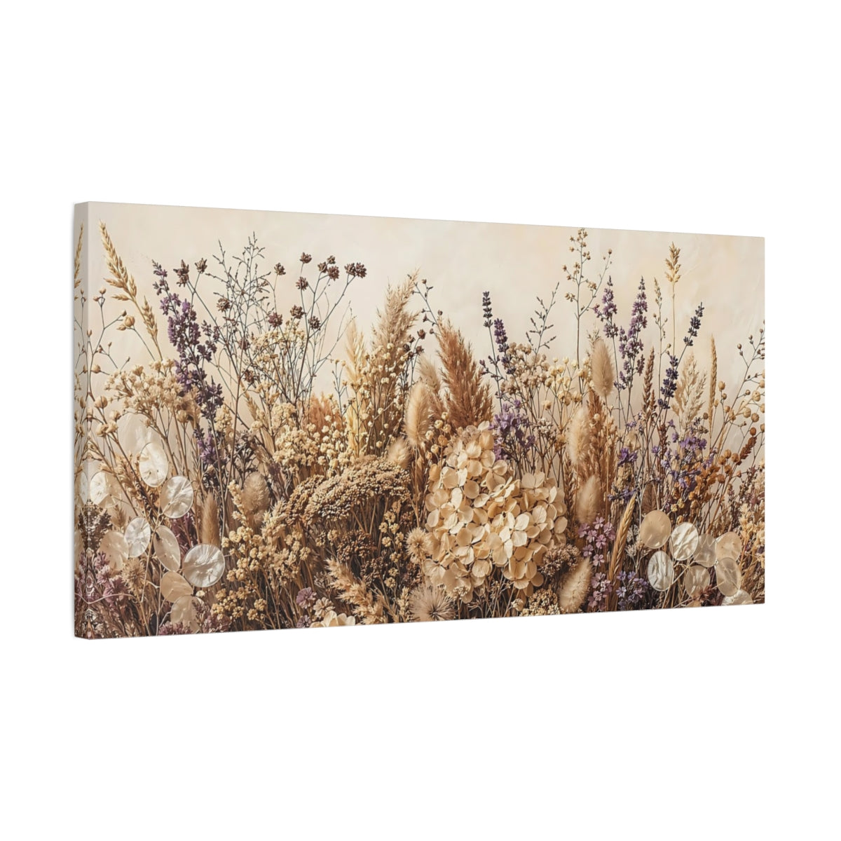 Side Mockup 1. Nature Dried Flowers Dried Flowers Beige shown as stretched canvas wall art