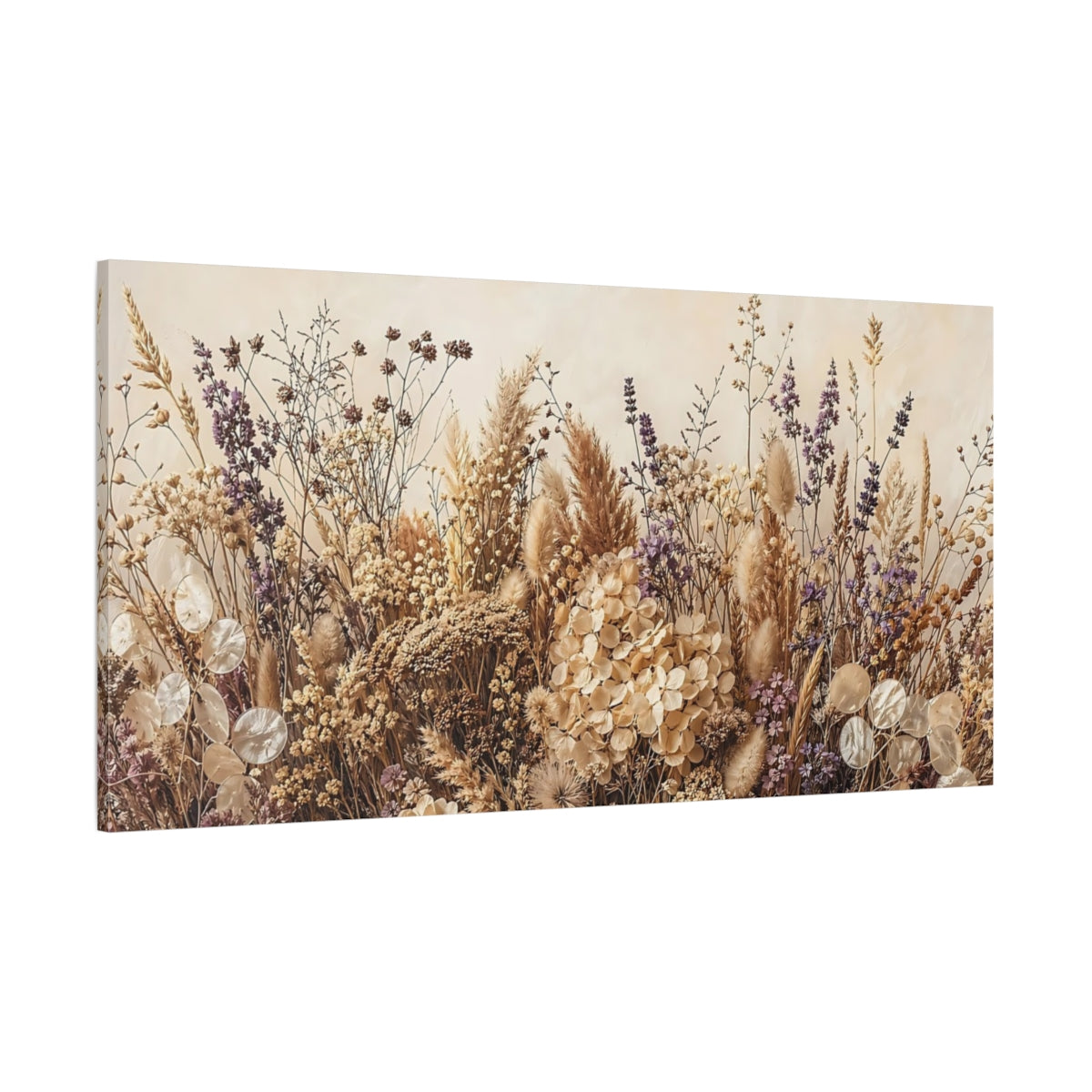 Side Mockup 2. Nature Dried Flowers Dried Flowers Beige shown as stretched canvas wall art