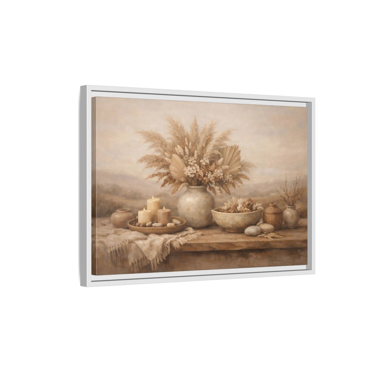 Side Mockup 1. Nature Dried Flowers Boho Still Life shown as stretched canvas wall art