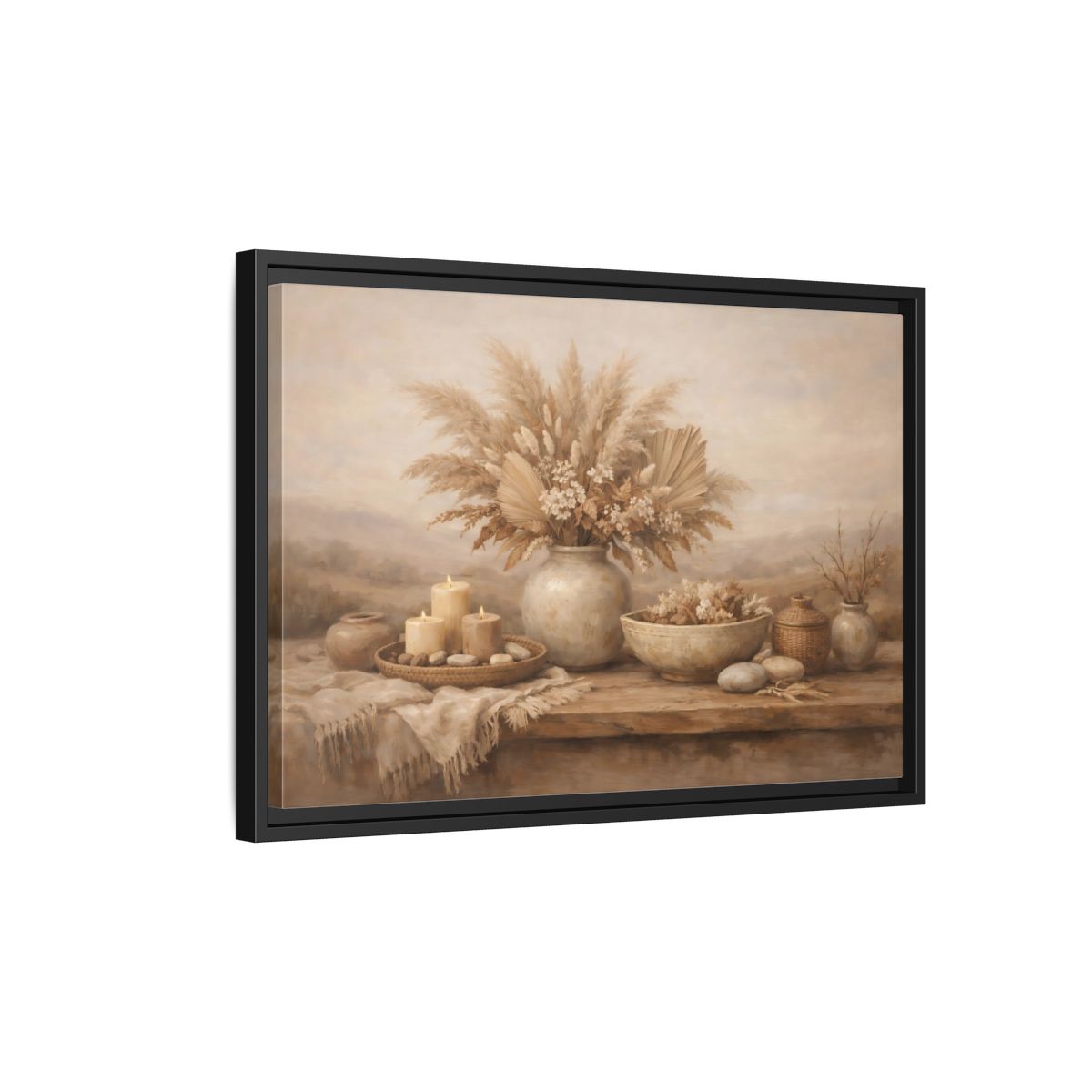Side Mockup 3. Nature Dried Flowers Boho Still Life shown as stretched canvas wall art