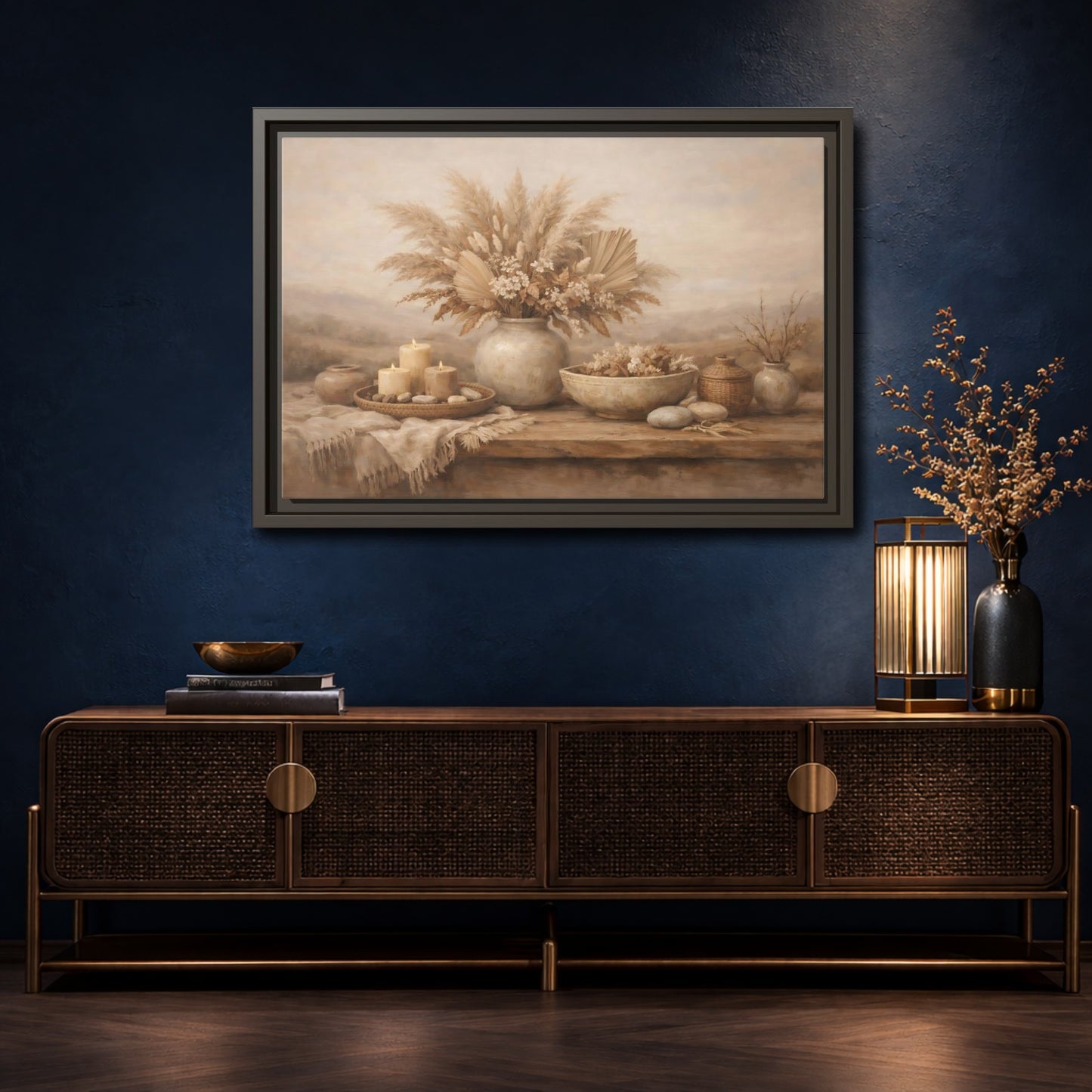 Mockup 4. Nature Dried Flowers Boho Still Life shown as stretched canvas wall art