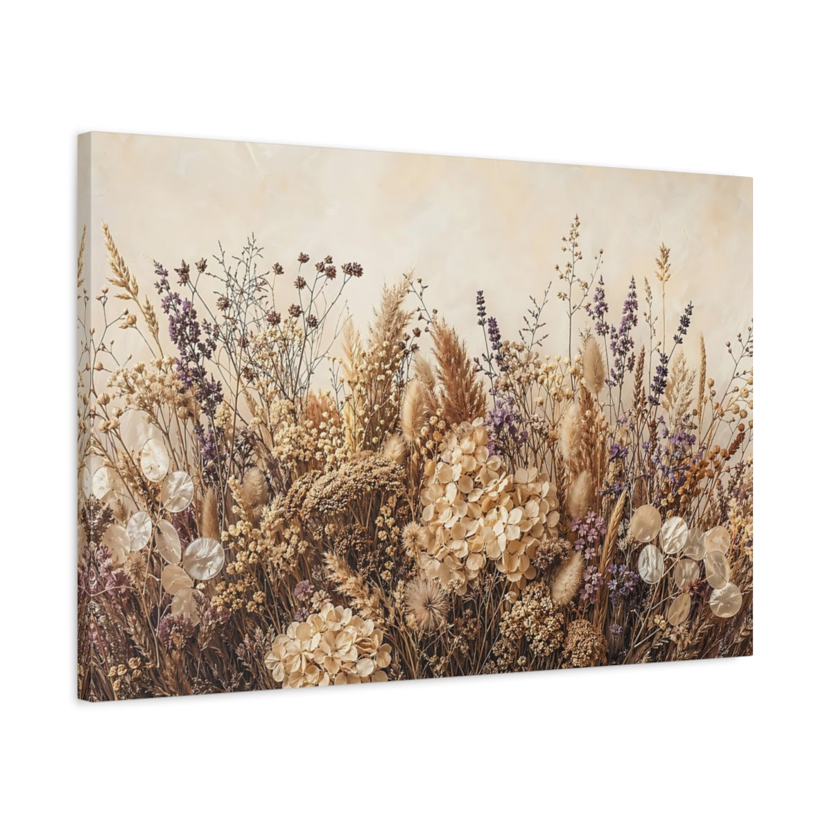 Side Mockup 2. Nature Dried Flowers Neutral Dried Flowers shown as stretched canvas wall art