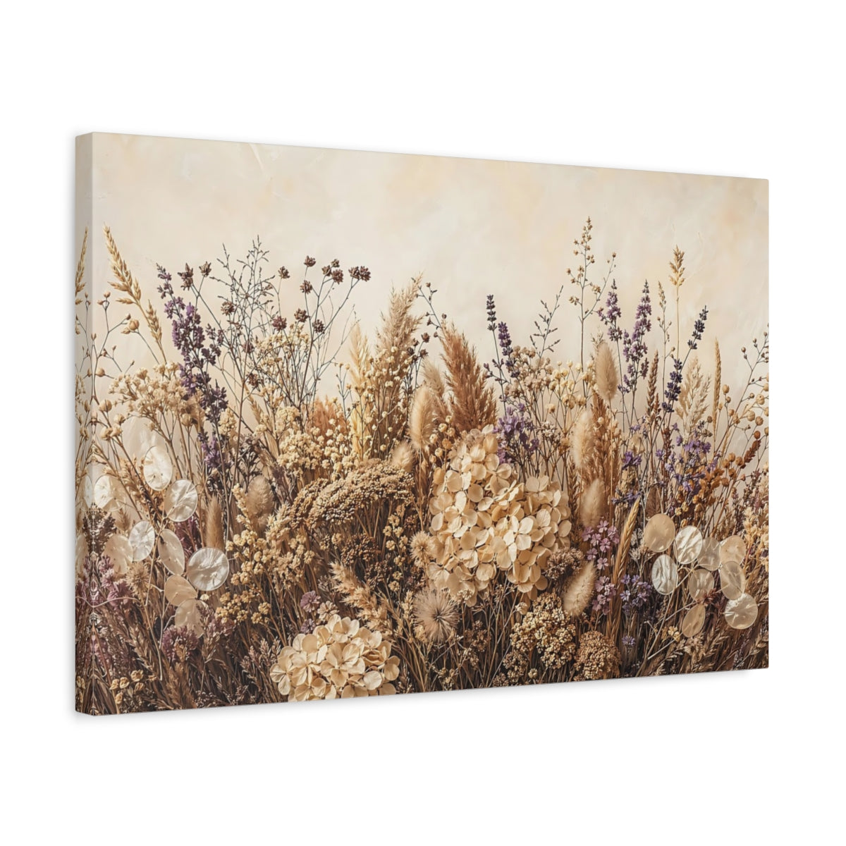 Side Mockup 3. Nature Dried Flowers Neutral Dried Flowers shown as stretched canvas wall art