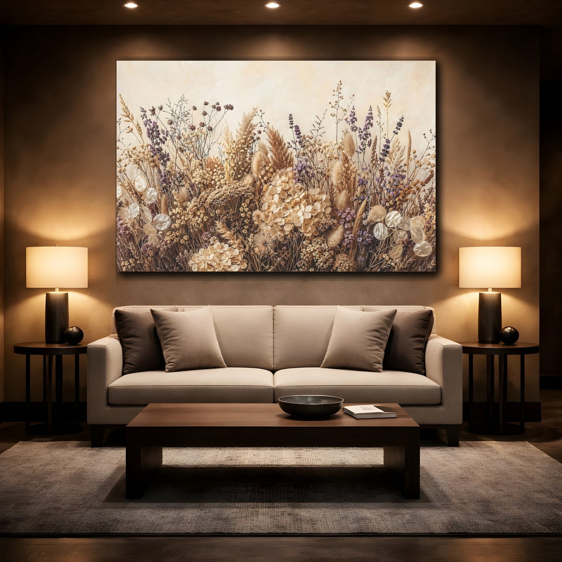 Mockup 2. Nature Dried Flowers Neutral Dried Flowers shown as stretched canvas wall art