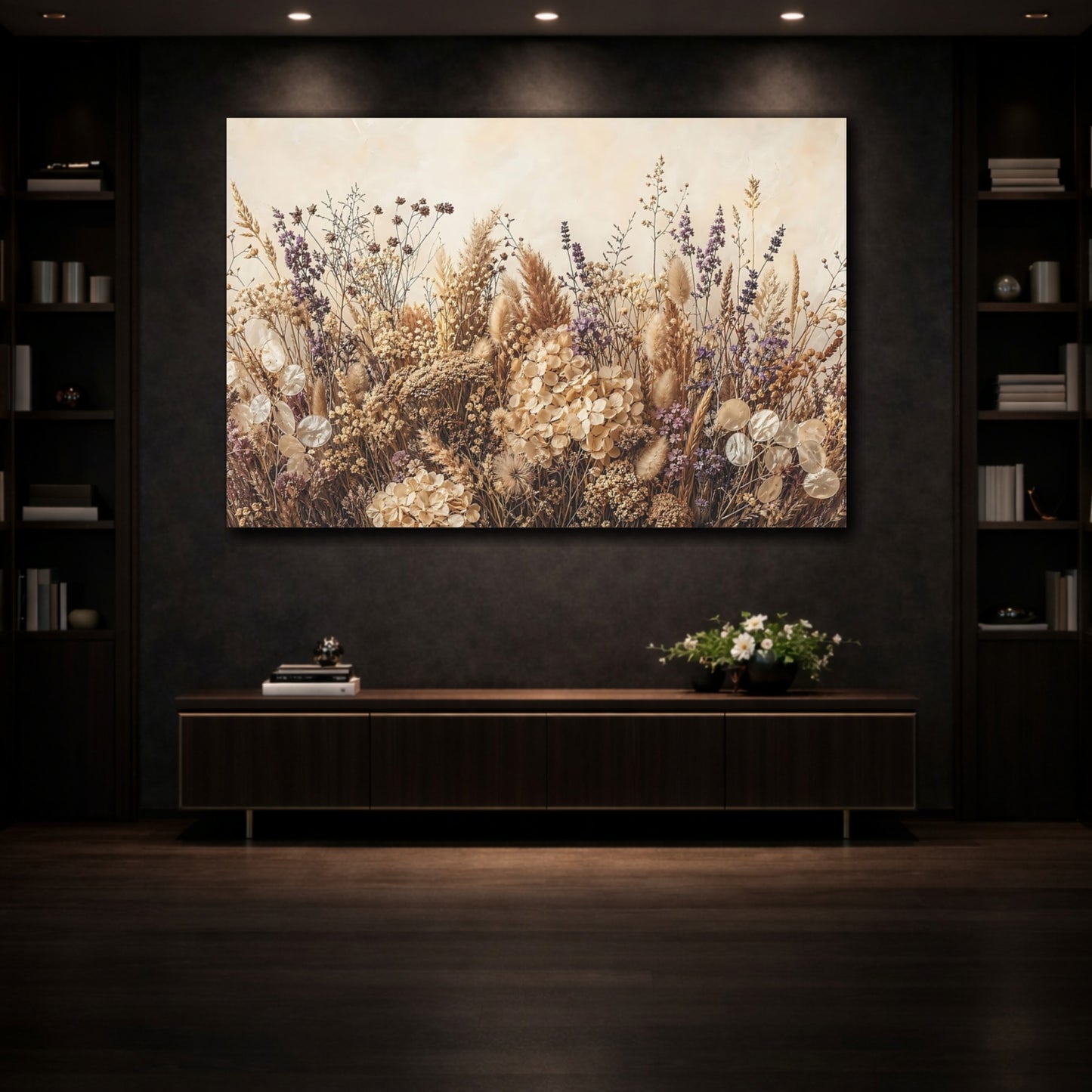 Mockup 3. Nature Dried Flowers Neutral Dried Flowers shown as stretched canvas wall art