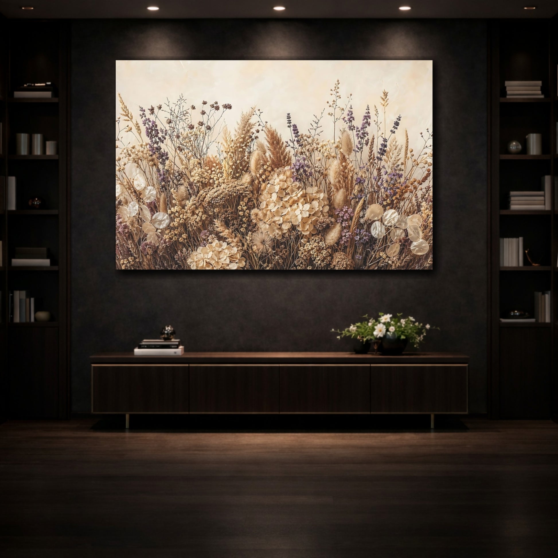 Mockup 3. Nature Dried Flowers Neutral Dried Flowers shown as stretched canvas wall art