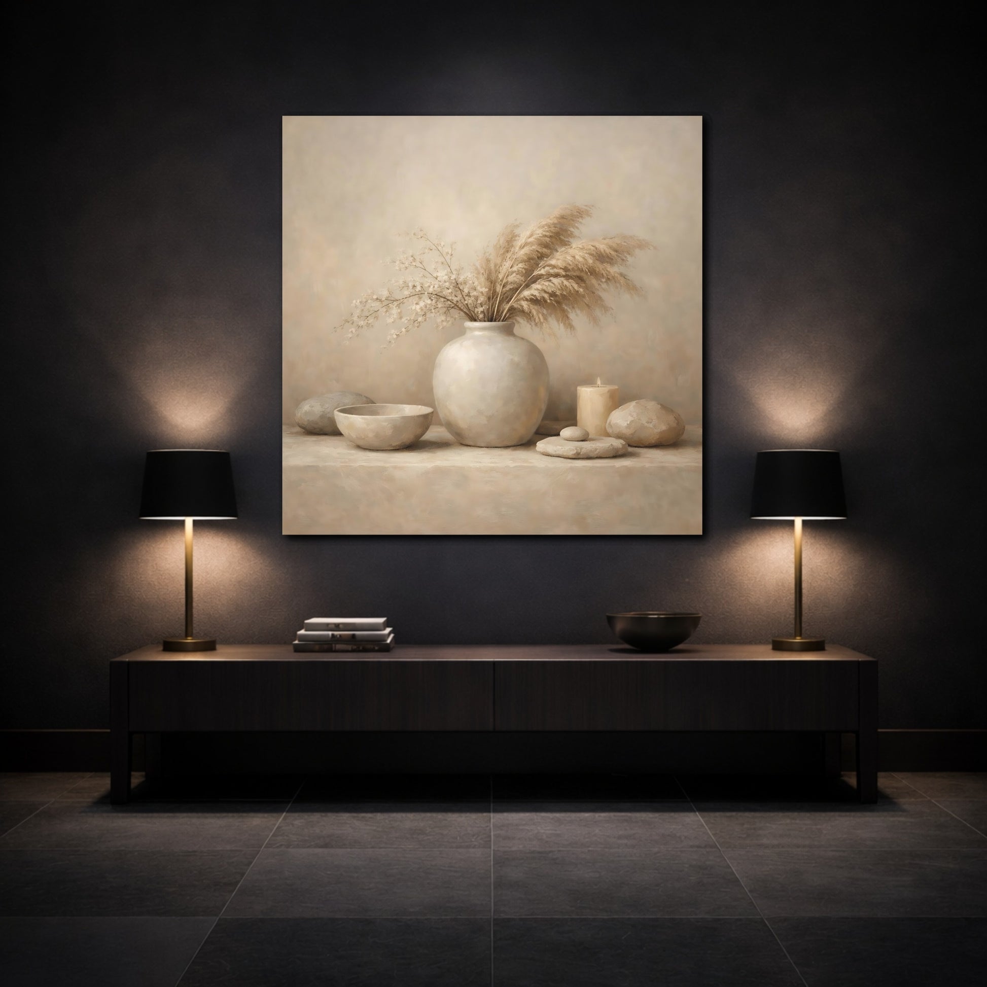 Mockup 3. Nature Dried Grasses Neutral Still Life shown as stretched canvas wall art