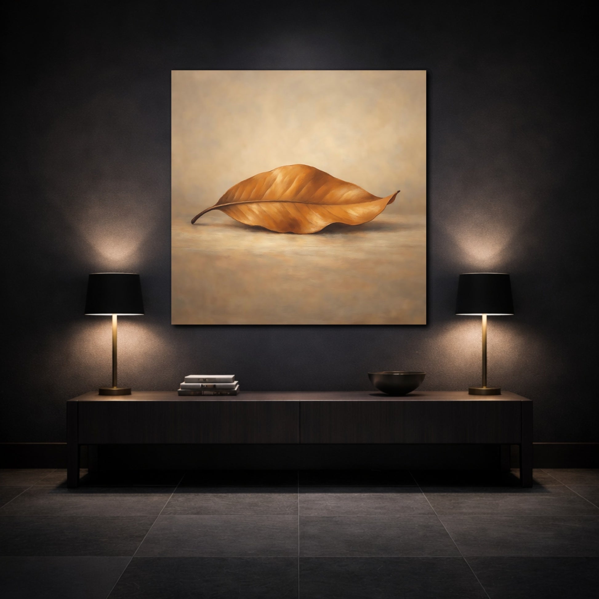 Mockup 3. Nature Dried Leaf Brown Leaf shown as stretched canvas wall art
