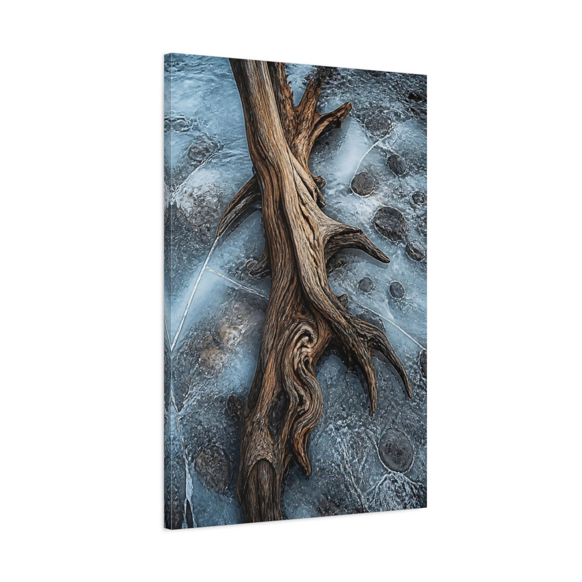 Main Mockup. Nature Driftwood Blue And Brown shown as stretched canvas wall art
