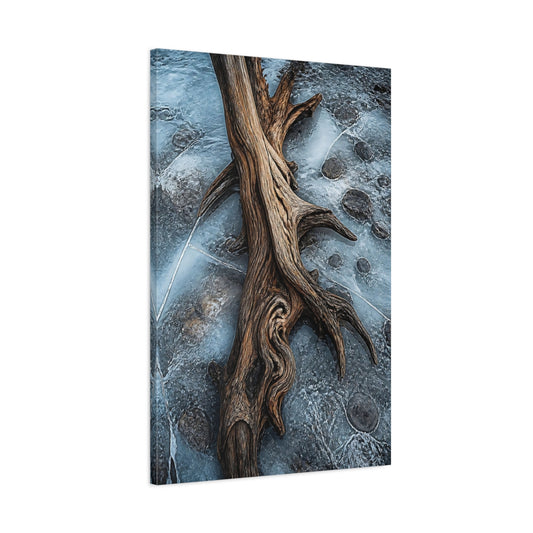 Main Mockup. Nature Driftwood Blue And Brown shown as stretched canvas wall art