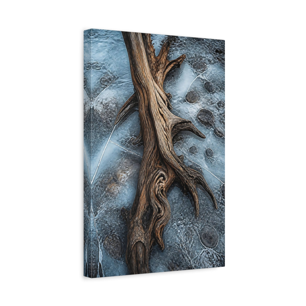 Side Mockup 4. Nature Driftwood Blue And Brown shown as stretched canvas wall art